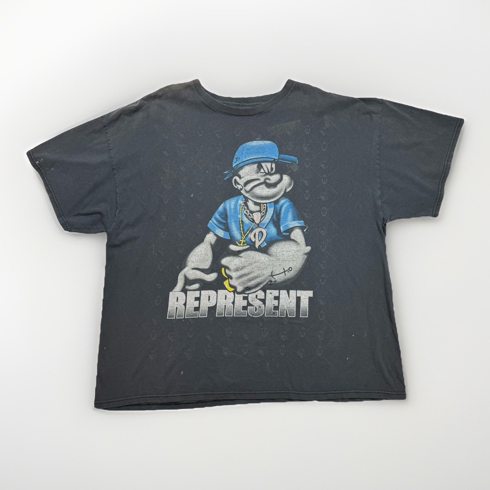 POPEYE Represent Sz 2XL Black Tee Retro Bling Vintage Y2K Streetwear Faded Holes